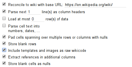 Wikidata editing with OpenRefine - Inverse Listeria tutorial. Import options for the wikitable.