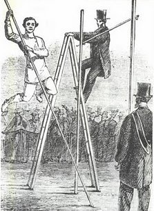 Illustration en noir et blanc d'une épreuve de saut à la perche en 1861 en Angleterre.