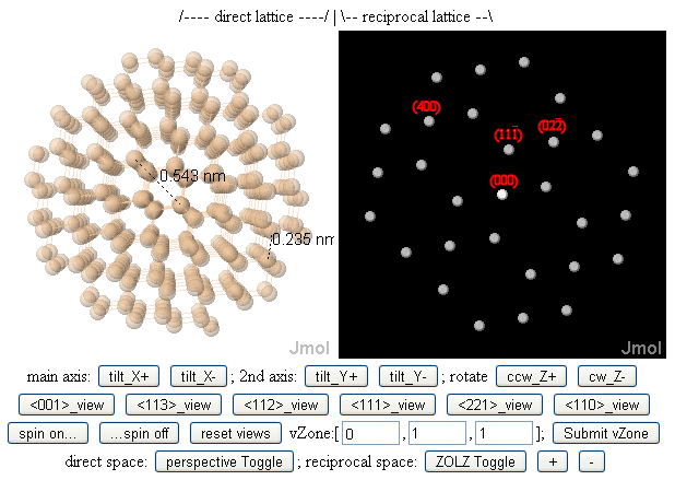 Diamond face centered cubic silicon atom cluster viewed down the [011] zone (left), with the corresponding zone-axis pattern (right). SiLabeled.png