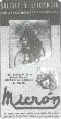 Ernesto Guevara y su bicicleta con motor en una propaganda de 1950 publicada en la revista El Gráfico.