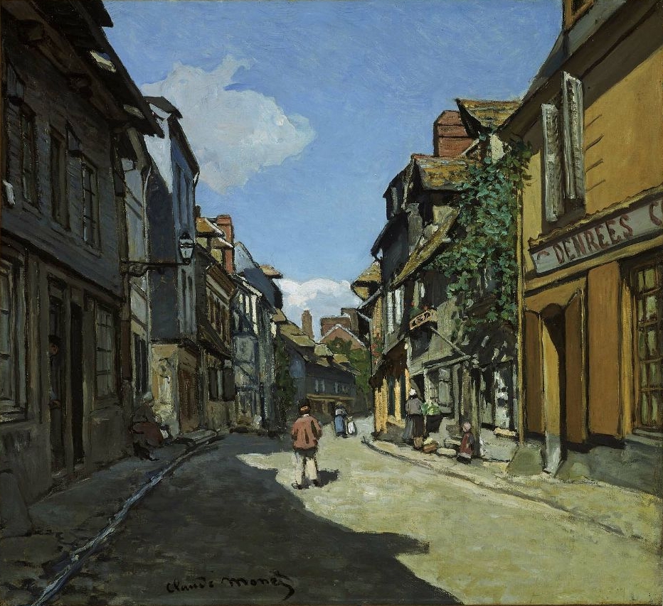 Gemälde von Claude Monet, das die Rue de la Bavoie mit ihren Schieferhäusern und Ladenschildern darstellt.