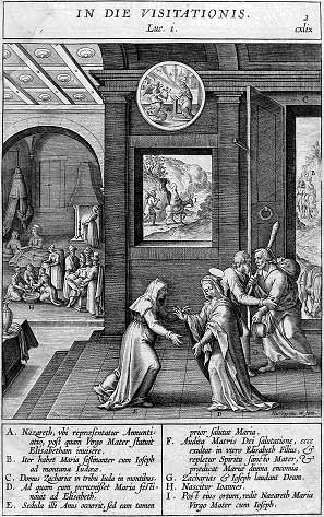 Scenes from the Life of the Virgin from the Adnotationes illustrations, 1593. Nativity of Mary left rear, Meeting of Mary and Elizabeth, foreground. WierixVisitation1590sNadal.jpg