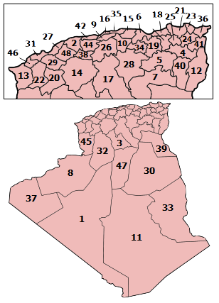 Nummerert kart over Algeries provinser