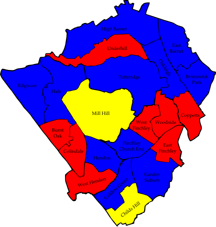 Map of the results of the 2006 Barnet council election. Coloured by party which topped the poll in each ward. Conservative in blue, Labour in red and Liberal Democrats in yellow.