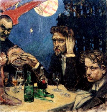 Sibelius (right) socializing with Akseli Gallen-Kallela (the artist, left), Oskar Merikanto, and Robert Kajanus