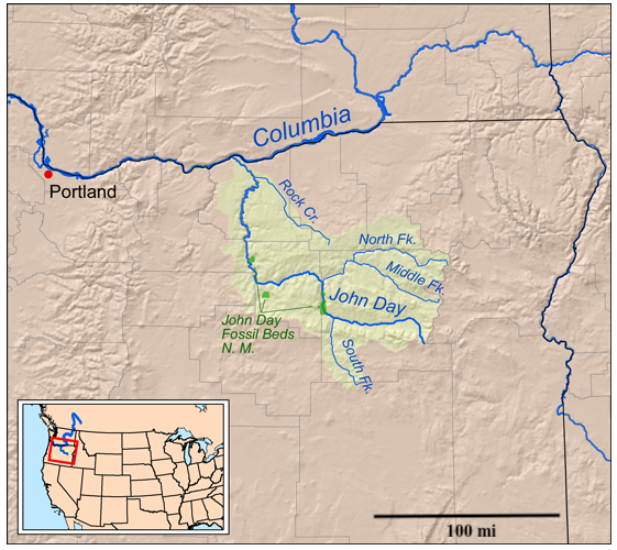 John Day River Map, by Kmusser / CC BY-SA (https://creativecommons.org/licenses/by-sa/3.0); via Wikimedia Commons