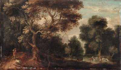 File:A wooded river landscape with a traveller and a dog on a path, cattle watering and figures resting, a church beyond 2000 NYR 09318 0001 000(124244).jpg