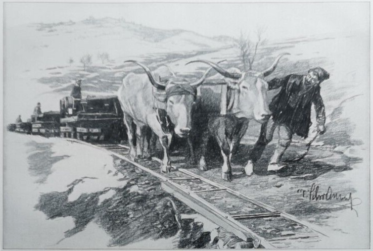 File:Aus den Tagen der Karpathenkämpfe - Eine Feldbahn mit Ochsenbetrieb (Victor Schramm, Leipziger Illustrierte Zeitung, Nr. 3768, S. 387).png