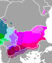 The Eastern South Slavic dialectal area.
.mw-parser-output .legend{page-break-inside:avoid;break-inside:avoid-column}.mw-parser-output .legend-color{display:inline-block;min-width:1.25em;height:1.25em;line-height:1.25;margin:1px 0;text-align:center;border:1px solid black;background-color:transparent;color:black}.mw-parser-output .legend-text{}
Torlakian dialects
Northern Macedonian dialects
Western Macedonian
Central Macedonian
Southeastern Macedonian dialects
Southwestern Bulgarian dialects (or Eastern Macedonian dialects)
Northwestern Bulgarian dialects
Rup dialects
Balkan dialects
Moesian dialects
Standard Bulgarian is based on the Rup, Balkan and Moesian ("Eastern Bulgarian") dialects.
Standard Macedonian is based on the Western Macedonian dialects, consisting of the 'Western' and 'Central Macedonian' subgroups. Balkan Slavic linguistic area.png