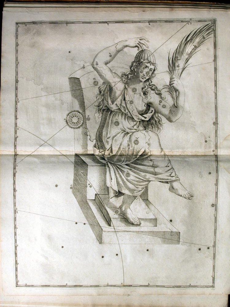 A print of the copperplate engraving for Johann Bayer's Uranometria (1661 edition) showing the constellation of Cassiopeia.