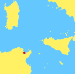 Un mapa de contorno de parte del Mediterráneo central que muestra la ubicación de Cartago.