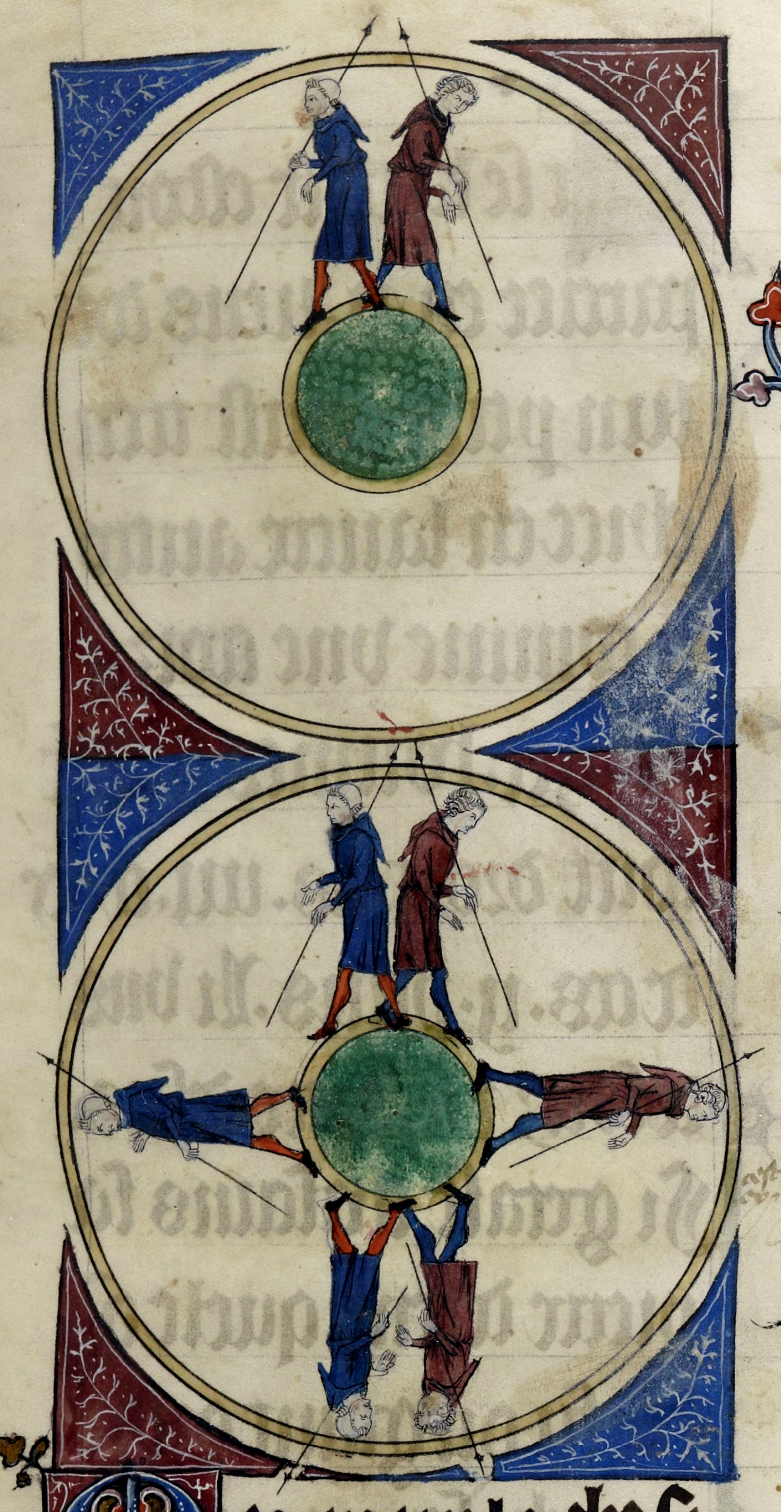 Medieval artistic illustration of the spherical Earth in a 14th-century copy of L'Image du monde (c. 1246)