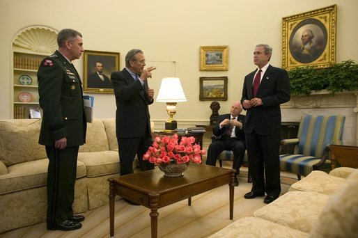 File:President George W. Bush and Vice President Dick Cheney meet with Secretary of Defense Donald Rumsfeld and General John Abizaid.jpg