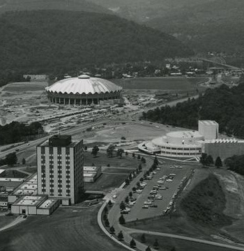 A view of the Evansdale campus and many new facilities constructed around 1970, including the iconic WVU Coliseum