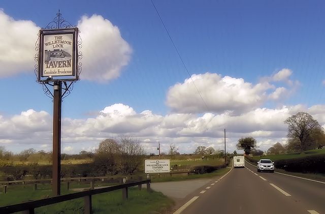 File:A49 at Willeymoor Lock Tavern entrance (geograph 4438820).jpg