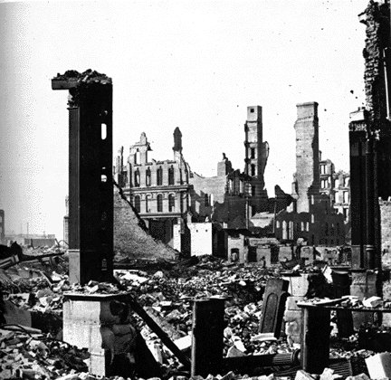 Aftermath of the fire, corner of Dearborn and Monroe Streets, 1871