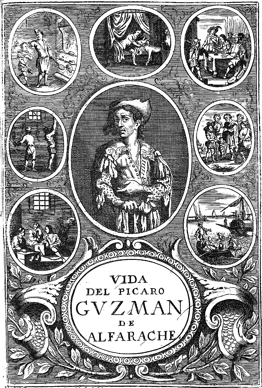 Frontispício de uma edição do século 17 de ''Guzmán de Alfarache'', [[Antuérpia