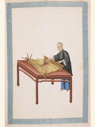 Preparing ramie fiber for weaving, The Story of Ramie From Seed to Finished Garment, c. 1820