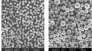 La poudre de SiO2 sphéroïdisée par plasma à couplage inductif (plasma d'air), productivité 15 à 20 kg/h.