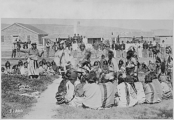 File:"Shoshone Indians at Ft. Washakie, Wyoming Indian reservation .. . Chief Washakie (at left) extends his right arm" - NARA - 530919.gif