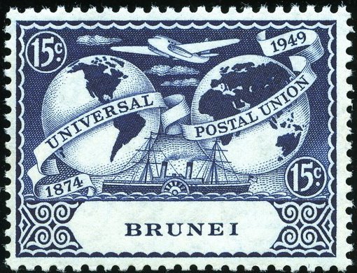 Brunei_Darussalam_1949_Mi_75_stamp_(75th_anniversary_of_the_UPU._Hemispheres_of_Earth,_airplane_and_paddle_steamer).jpg (510×390)