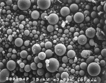 Photomicrograph made with a Scanning Electron Microscope (SEM): Fly ash particles at 2,000× magnification. Most of the particles in this aerosol are nearly spherical.