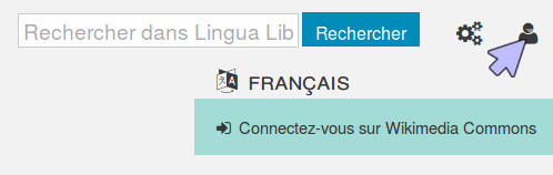 Screenshot menu do logowania się na Lingua Libre przez Wikimedia Commons