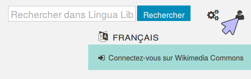 Screenshot des Menüs zum Einloggen auf Lingua Libre durch Wikimedia Commons