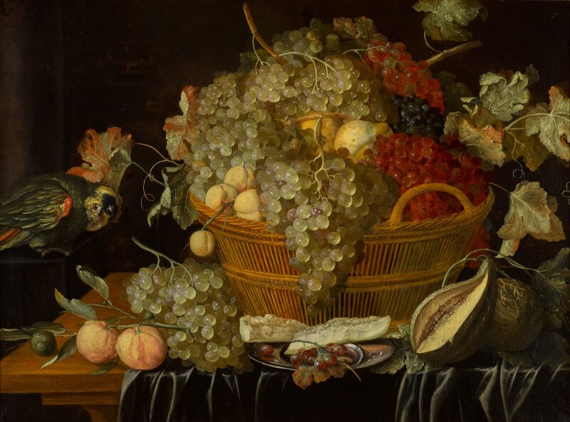 File:Still life with grapes in a wicker basket, together with a parrot.jpeg