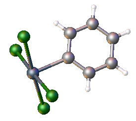 Estructura de PhTeCl₄−. Distàncies seleccionades: Te-Cl = 250-253, Te-C = 213 pm.[4]