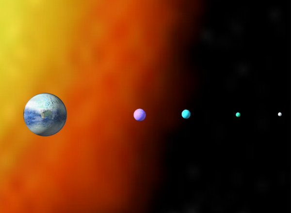 Le lune di Darkover, rispettivamente da sinistra: Liriel (colore viola), Kyrrdin (colore blu), Idriel (colore verde), Mormallor (colore bianco-madreperlaceo)