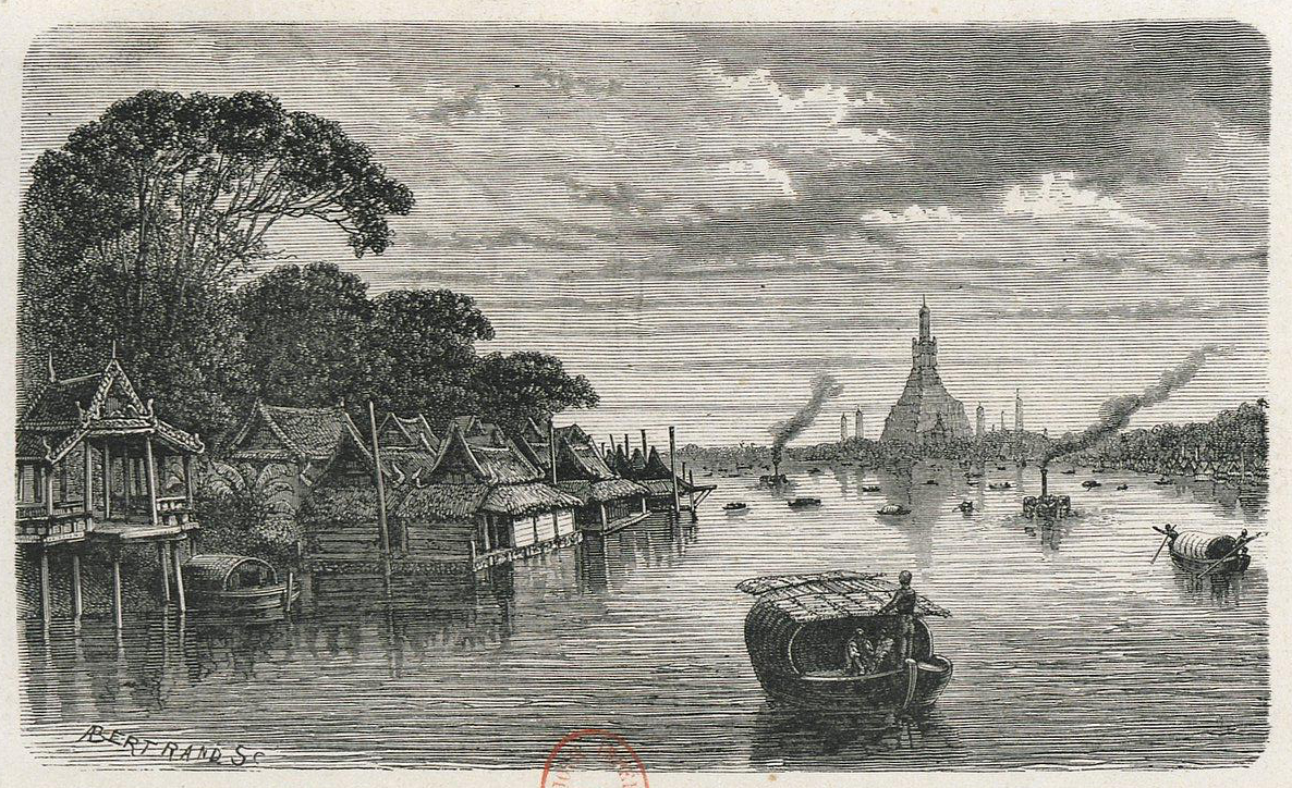 Vue de Bangkok le long du fleuve en 1868 - Gravure de Henri Mouhot