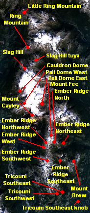 Изображение, показывающее расположение зоны связанных вулканов с простиранием с севера на юг и местного ландшафта.