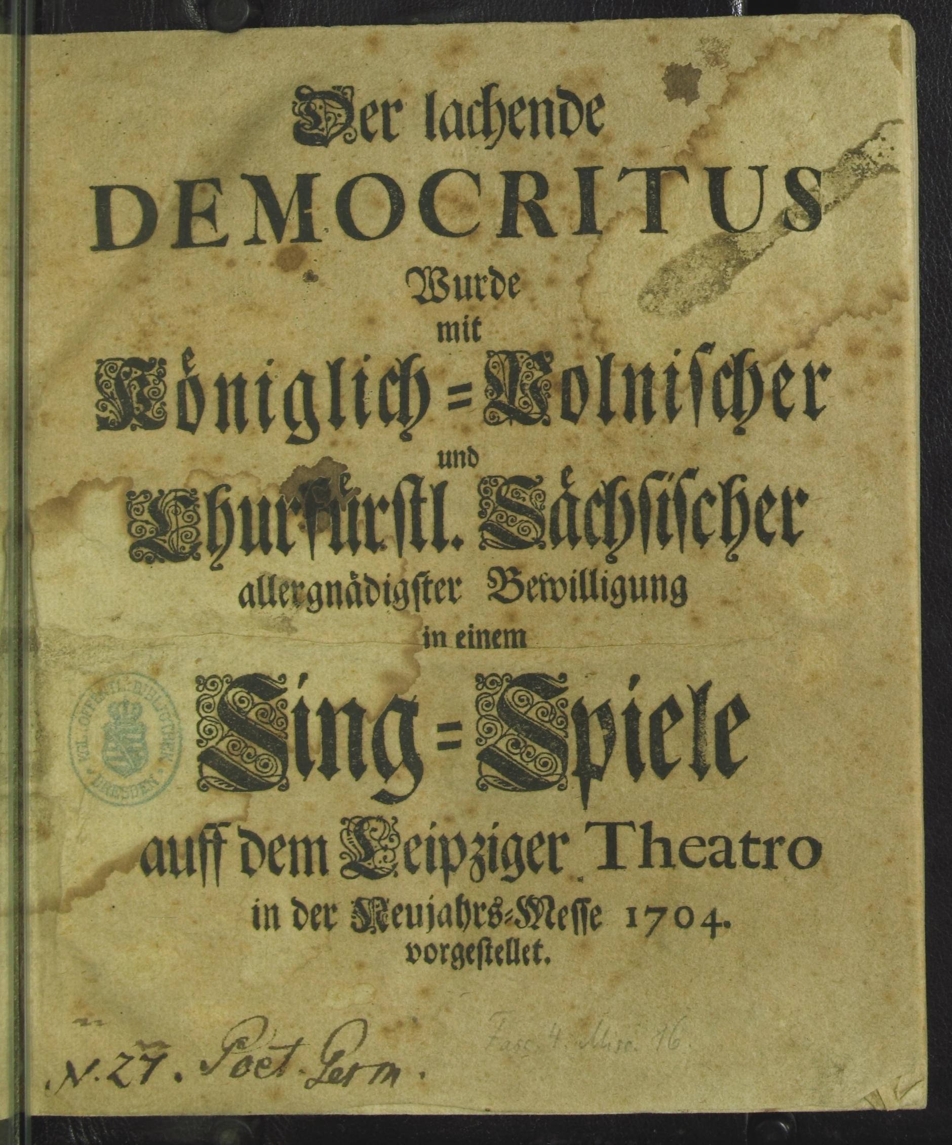 Titelblatt der Oper "Der lachende Democritus" von 1704