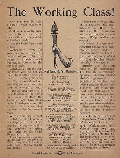 1900 leaflet of the Peekskill SDP which used an arm-and-torch logo reminiscent of the arm-and-hammer used by the Socialist Labor Party of America