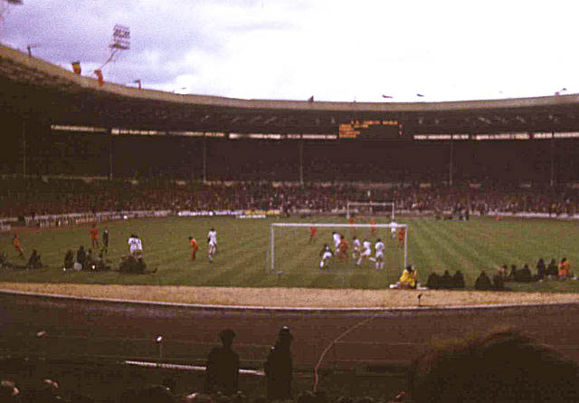 Leeds United (white) and Liverpool (red) in action during the 1974 FA Charity Shield at Wembley Stadium