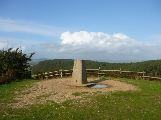 The trig point on Golden Cap with Langdon Hill behind. - geograph.org.uk - 1146057