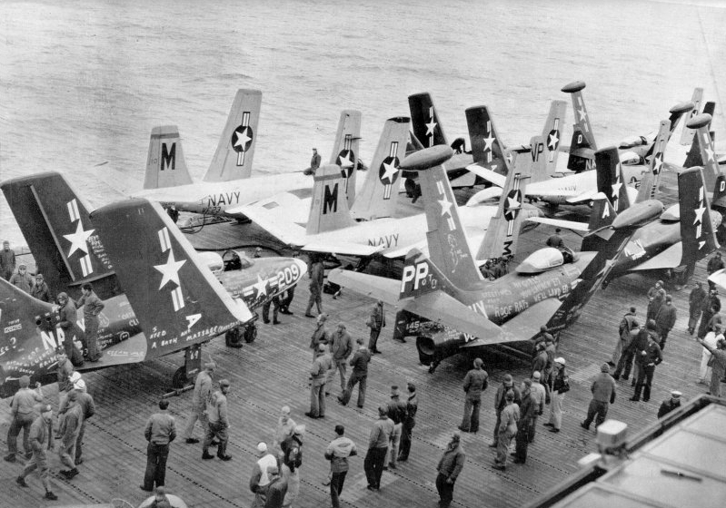 File:Aircraft of U.S. Navy Air Task Group 2 (ATG-2) on deck of USS Essex (CVA-9), circa in 1955.jpg