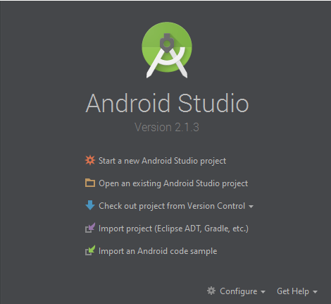 Menú Inici d'Android Studio