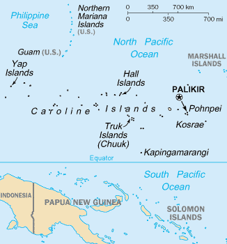 Map of the Federated States of Micronesia. Palau is to the west of the map.