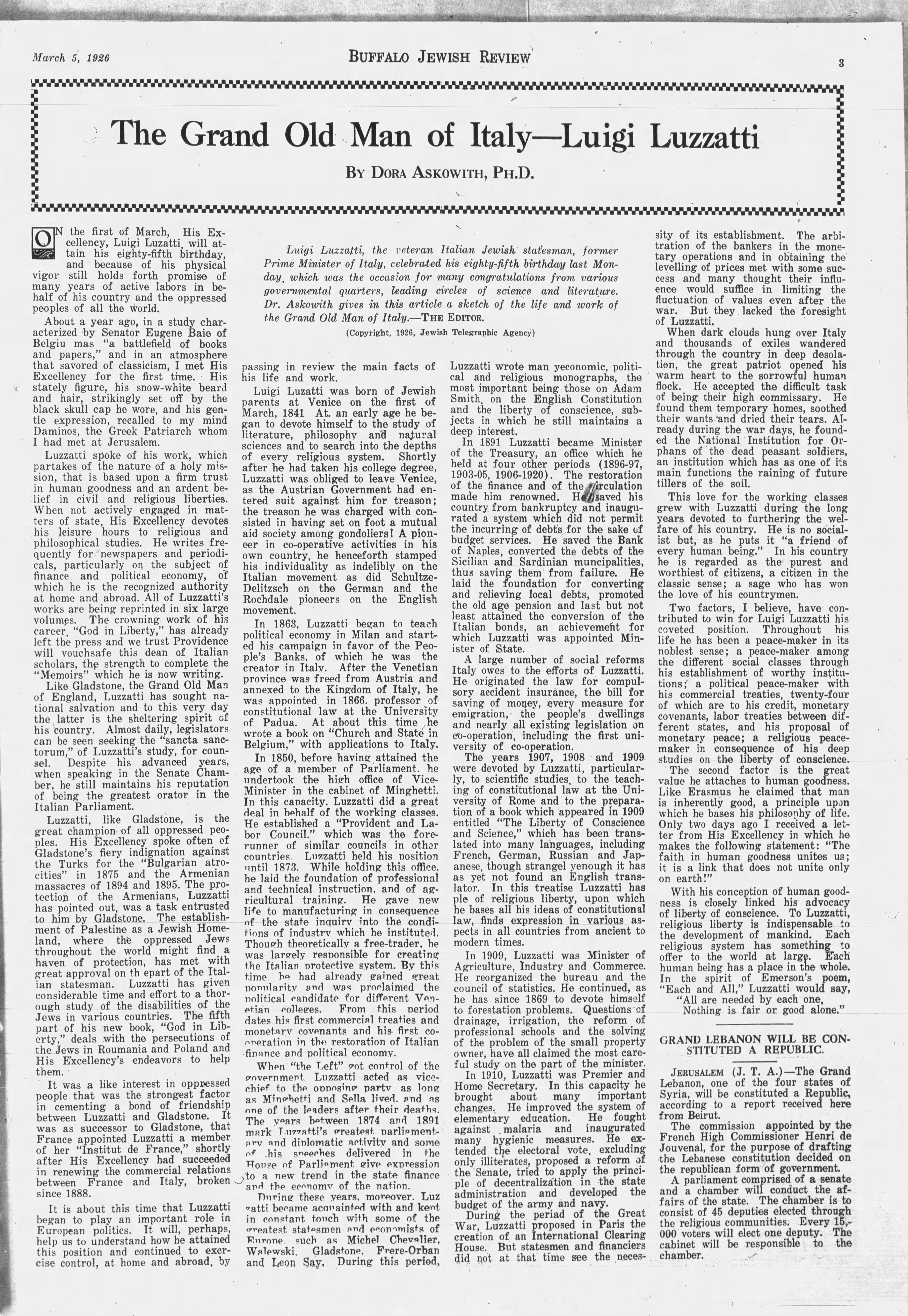 Article by Dora Askowith (Buffalo Jewish Review, 5 Mar 1926, p.3)