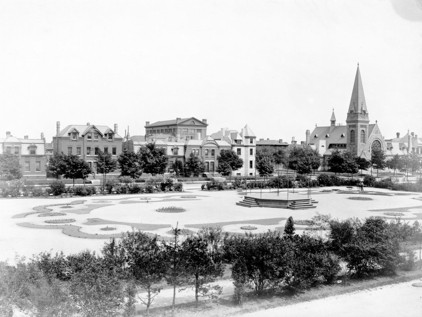 Greenstone Church and the Arcade park in Pullman, Chicago.