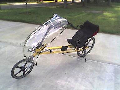 A RANS V2 Formula long-wheelbase recumbent bike fitted with a front fairing