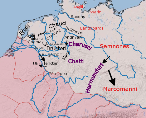 Approximate positions of some Germanic peoples reported by Graeco-Roman authors in the 1st century. Suevian peoples in red, and other Irminones in purple