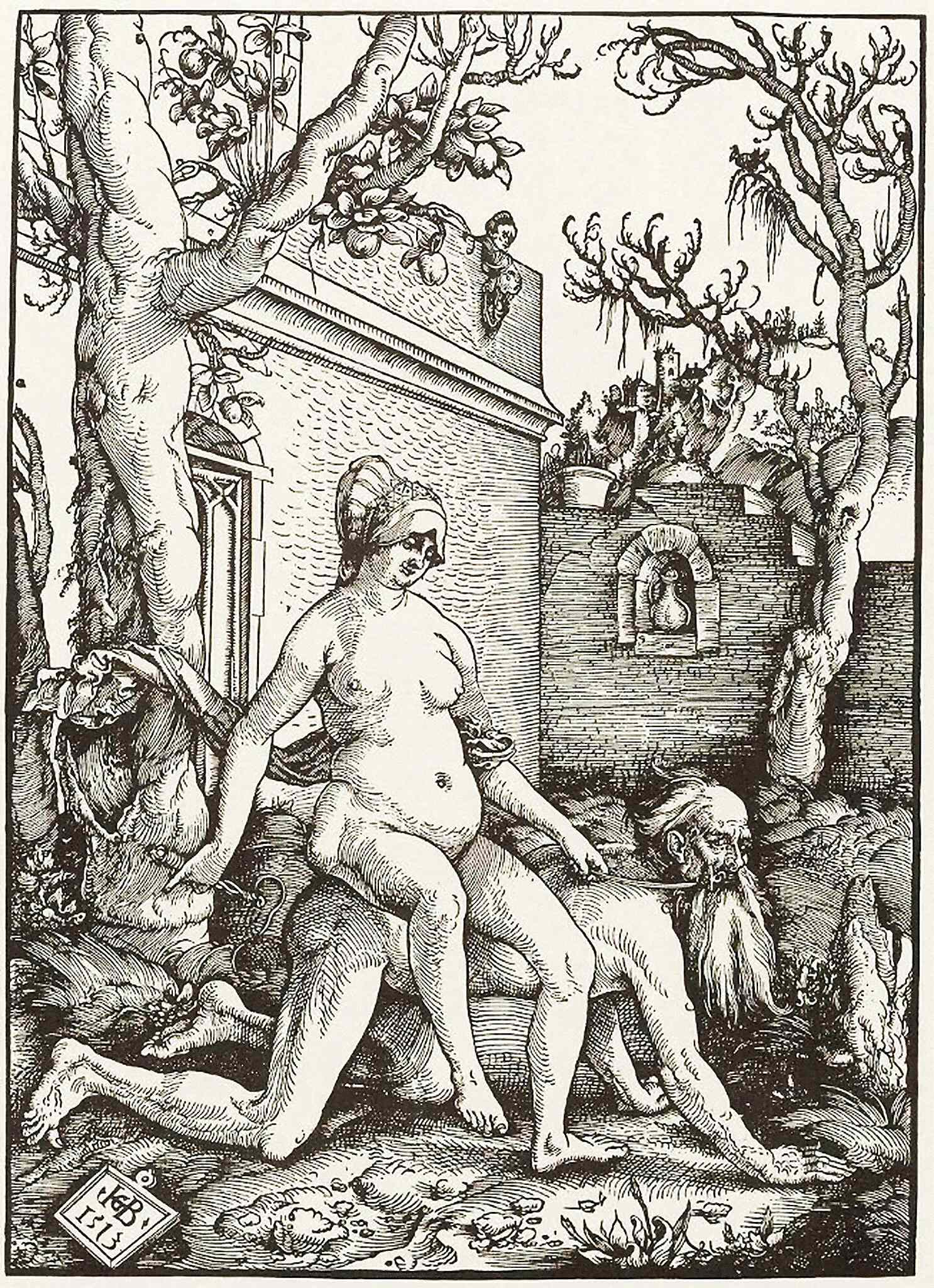 Gothic-style engraving depicting a naked woman being whipped in