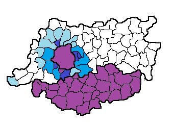 Pourcentage de francophones dans l'ancienne province du Brabant : Violet : 80-100 %, bleu-foncé :50-80%, bleu : 20-50% , bleu-clair : 5-20%