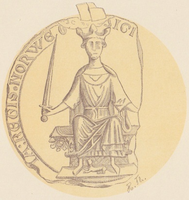 Haakon's seal, from a 1247/48 letter ([[Commons:File:Kong Haakon Haakonsson PI III 2.jpg|with reverse]]). The seal itself was given to Haakon as a gift from [[Henry III of England]] in 1236.<ref>Helle, 1995, p. 183.</ref>