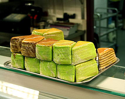 Green pandan is also used as flavouring and colouring agent in other Dutch-Indonesian cake spekkoek (lapis legit) sold in an Indo (Eurasian) shop in Amsterdam.