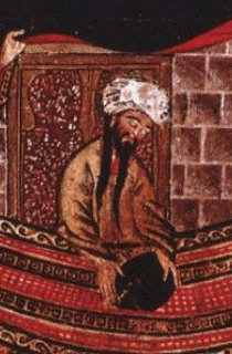 Cropped portion of Muhammad re-dedicating the Black Stone at the Kaaba