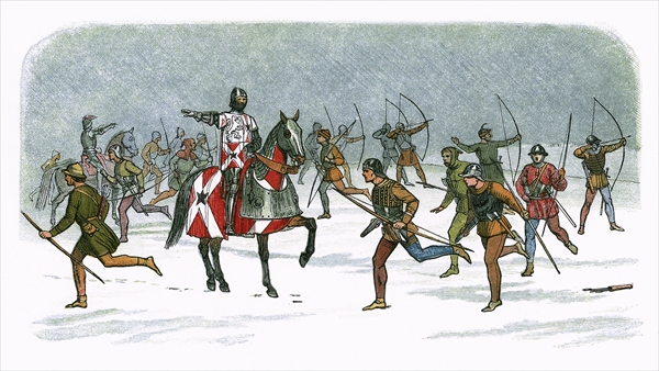 William Neville (mounted) directs his longbowmen at Towton – 19th century print